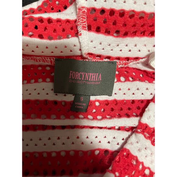 Forcynthia Beachwear Size Small Red & White Striped Open Knit Hooded Sweater - Picture 2 of 7